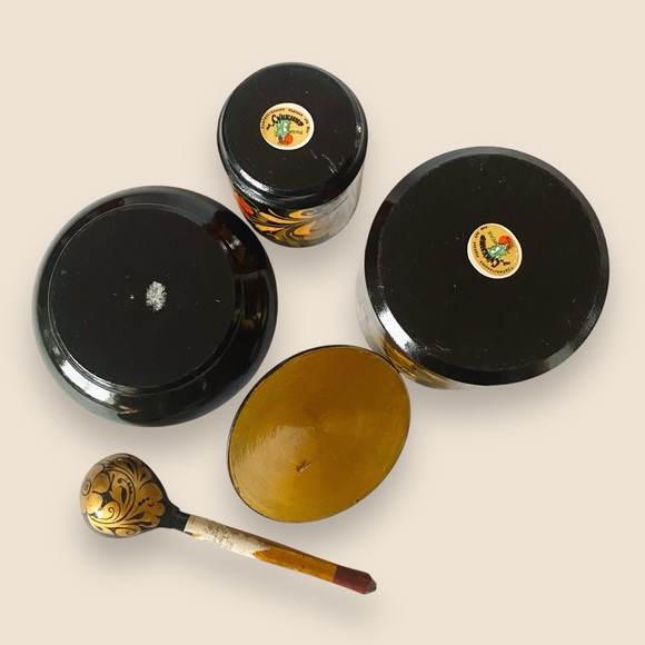 Russian Khokhloma Vintage Lacquerware 4pc Set Canister Cup Bowl Spoon Handmade - Picture 6 of 8